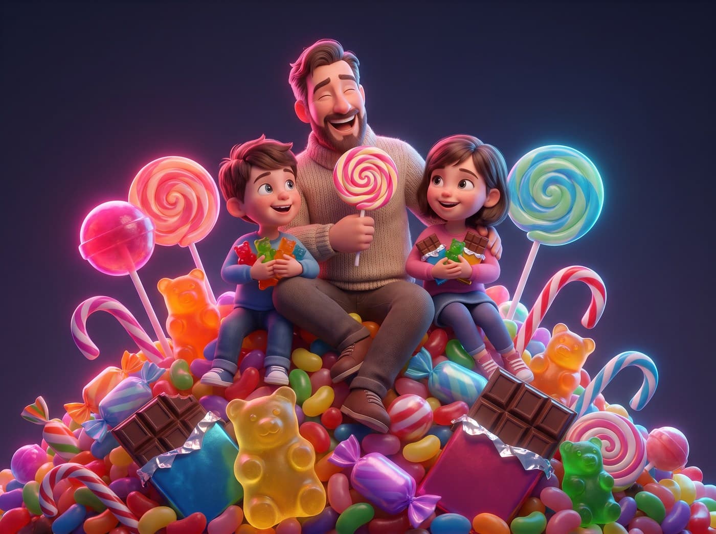 An illustrated dad and his two kids sitting on a mountain of candy